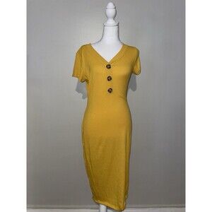 No Comment NY LA M Mustard Yellow Ribbed Knit Bodycon Midi Dress Button Henley